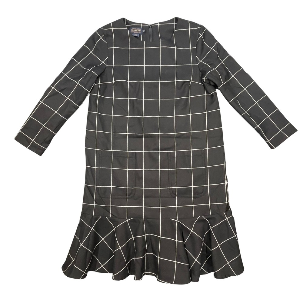 Pendleton Black Windowpane Plaid Wool Flounce Hem Dress Women Size 4P